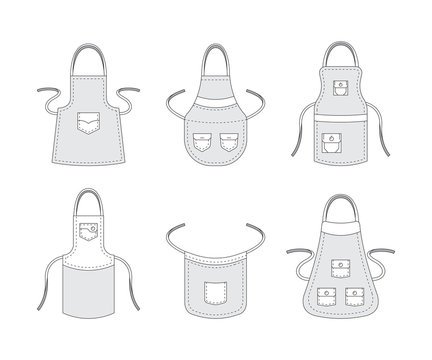 Kitchen aprons. Professional clothes for cook preparing food accessories aprons with pockets vector template collection. Illustration protective apron, uniform to cooking