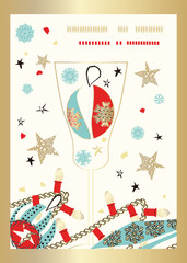 Champagne glass, confetti and Christmas tree decorations. Festive creative vector illustration perfect for greeting card or invitation, Christmas and New Year.