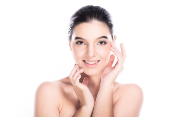 Obraz na płótnie Canvas Beauty woman face isolate in white background. Young caucasian girl, perfect skin, cosmetic, spa, beauty treatment concept. Fingers touching jaw, big smile.