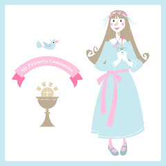 Little girl with candle before the First communion. Greeting card Mi Primera Comunión (My First Communion).