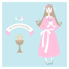 Little girl with candle before the First communion. Greeting card My First Communion.