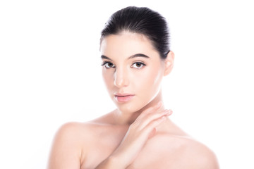 Beauty woman face isolate in white background. Young caucasian girl, perfect skin, cosmetic, spa, beauty treatment concept. Hand on neck.