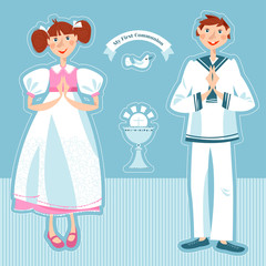 Little girl and boy pray at the First communion. Greeting card Mi Primera Comunión (My First Communion).