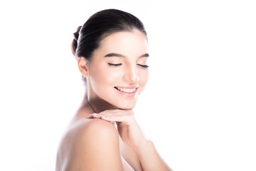 Beauty woman face isolate in white background. Young caucasian girl, perfect skin, cosmetic, spa, beauty treatment concept. Side shot, hand on shoulder, close eye, big smile.