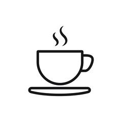 Cup of coffee or tea with steam, vector  line icon black on white