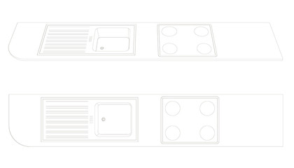Kitchen element contour with stove and sink. Front view. Vector illustration.