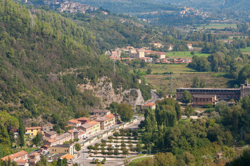 Fototapeta premium Birds eye view of countryside Italian town of Marmare in summer