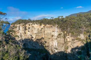 Fototapeta na wymiar Steep rock cliff covered with eucalyptus trees