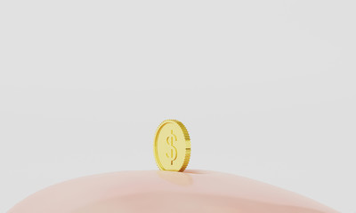 3d rendering Floating Coins Closeup Pink Ceramics Piggy Bank and  Isolated on White Background.