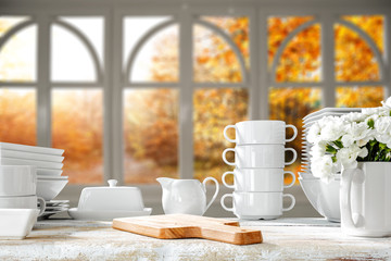 White wooden board of free space for your decoration and autumn time window 