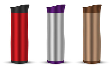 Travel mug set, realistic mockup. Metal thermos, mock-up. Portable insulated bottle, template. Easy to recolor.