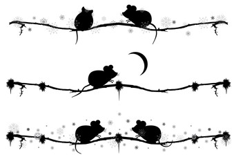 New Year vector set of dividers with rats or mouses and snowflakes in black and white colors