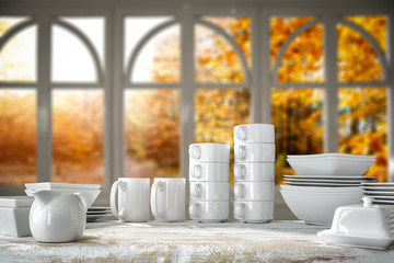 White wooden board of free space for your decoration and autumn time window 