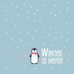 Winter and christmas vector background with little adorable cute drawing of penguin and snow falling. Seasonal holiday card template.