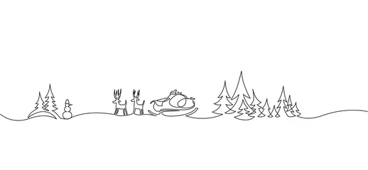 Weihnachtslandschaft kontinuierliche einzeilige Vektorzeichnung. Weihnachtsmann im Schlitten mit Hirschen, Bäumen, Schneeverwehungen, Schneemann © samuii