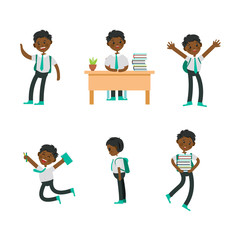 cute children go to school. A student with a bag, books, pencils returns to school. Set of cute school kids. Set of boys with school supplies. Education vector. isolated boy