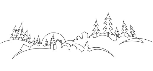 Christmas landscape continuous one line vector drawing. Winter nature panoramic sketch.