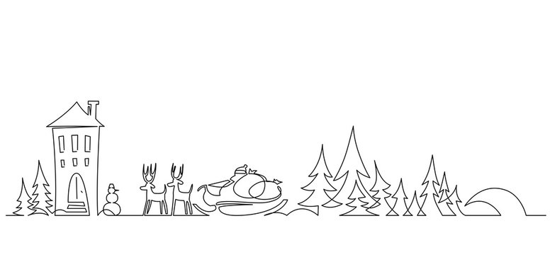 Christmas landscape continuous one line vector drawing. Santa in sleigh with deers, trees, snowdrifts, snowman