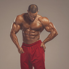 Fototapeta premium Handsome, Strong BodyBuilder Flexing Muscles