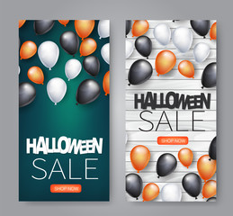Halloween sale promotion design flyer set. Holiday event advertisement vertical banner with black, white, and orange helium balloons. Vector illustration.