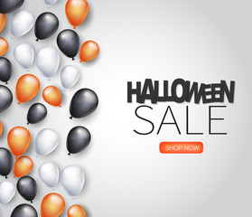 Halloween sale design poster page for advertisement or invitation to a trick or trat october 31 nights. Black, white, and orange helium balloons decoration banner. Vector illustration.