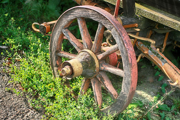 Fototapeta premium Large wooden cart. Wheels are wooden. Antique cart.