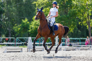 Young female horse rider on equestrian sport event