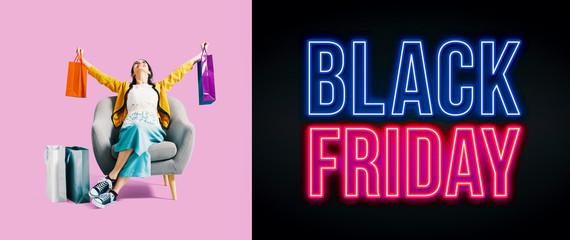Black friday advertisement with cheerful shopping girl
