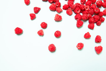 Fresh raspberries background close up. Summer and healthy food concept, Top view or flat lay.