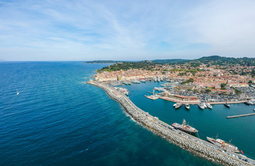 Naklejka na ściany i meble Panorama of Saint Tropez, Cote d'Azur, France, South Europe. Nice city and luxury resort of French riviera. Famous tourist destination with nice beach on Mediterranean sea