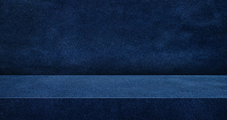 navy blue suede leather texture table product display background.3d perspective studio photography...
