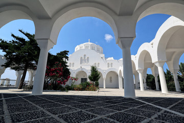 Arched courtyard of the Orthodox Metropolitan Cathedral, Thira, Santorini Greek Islands