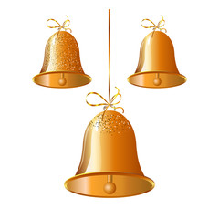 Set of golden christmas bells on a golden ribbon. Christmas decoration.  illustration.