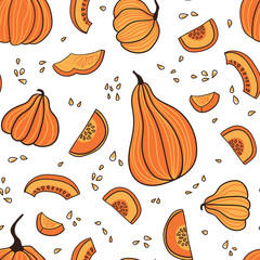 Seamless pattern with hand drawn while pumpkins  and pieces. Hand drawn design for Halloween or Thankful day. Vector vegetable illustration.