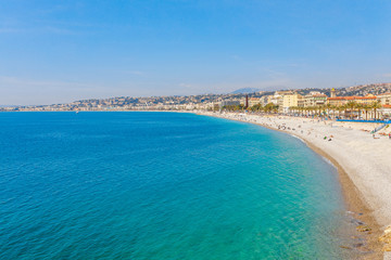 Landscape panoramic view of Nice, Cote d'Azur, France, South Europe. Beautiful city and luxury resort of French riviera. Famous tourist destination with nice beach on Mediterranean sea