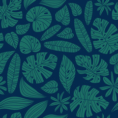 Seamless pattern with tropical leaves. Beautiful print with hand drawn exotic plants. Fashion botanical fabric design. Vector illustration.