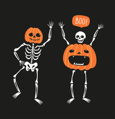 Couple of funny skeletons with pumpkins. Greeting card for Halloween. Cute hand drawn vector design for day of the dead.