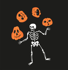 Skeleton juggles pumpkins. Greeting card for Halloween. Cute and funny vector design.