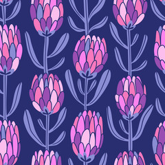 Protea pattern. Floral seamless background for fabric design with exotic flowers. Cute and beautiful vector hand drawn illustration.