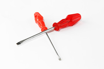 two old rusty metal screwdrivers with red a handles