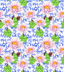 Lily flowers, waterlily, ornate oriental design. Seamless floral pattern. Water color