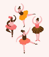 Card with hand drawn  ballerinas. Cute dancing girls isolated on the pink background. Vector vintage illustration