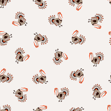 Vector seamless pattern with cartoon turkey bird. Seamless polka dot background for Happy Thanksgiving celebration. Endless background.