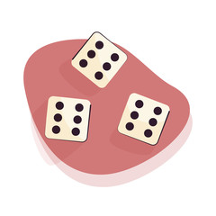 Three dices game set at red background. Risk, gambling and luck concept, banner design. Isolated flat vector illustration.