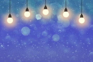 Fototapeta na wymiar nice shiny glitter lights defocused bokeh abstract background with light bulbs and falling snow flakes fly, festival mockup texture with blank space for your content