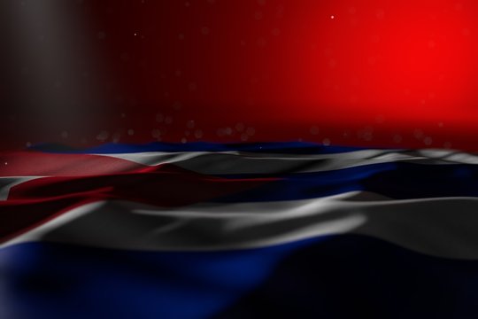 cute day of flag 3d illustration. - dark picture of Cuba flag lying flat on red background with selective focus and empty place for your content