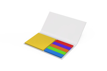 Colored sticky note set and organizer, index Flags and square note book for mock up and branding, 3d illustration