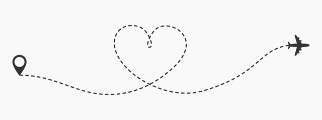 Love travel route icon in transparent style. Airplane line path vector illustration on isolated background. Dash line trace business concept.