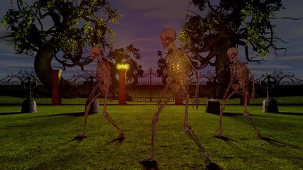 Dancing skeletons in the cemetery at night. Halloween concept.