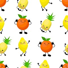 SEAMLESS pattern exotic fruits banana, orange, pineapple durian fruit cherry red Funny cute faces character. Kitchen textile or wrapping paper.
